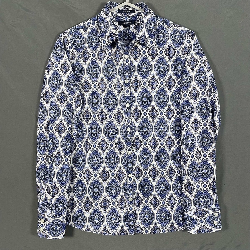 Lands End Womens Size 4 Blue Medallion Paisley Button Down Shirt Supima Cotton